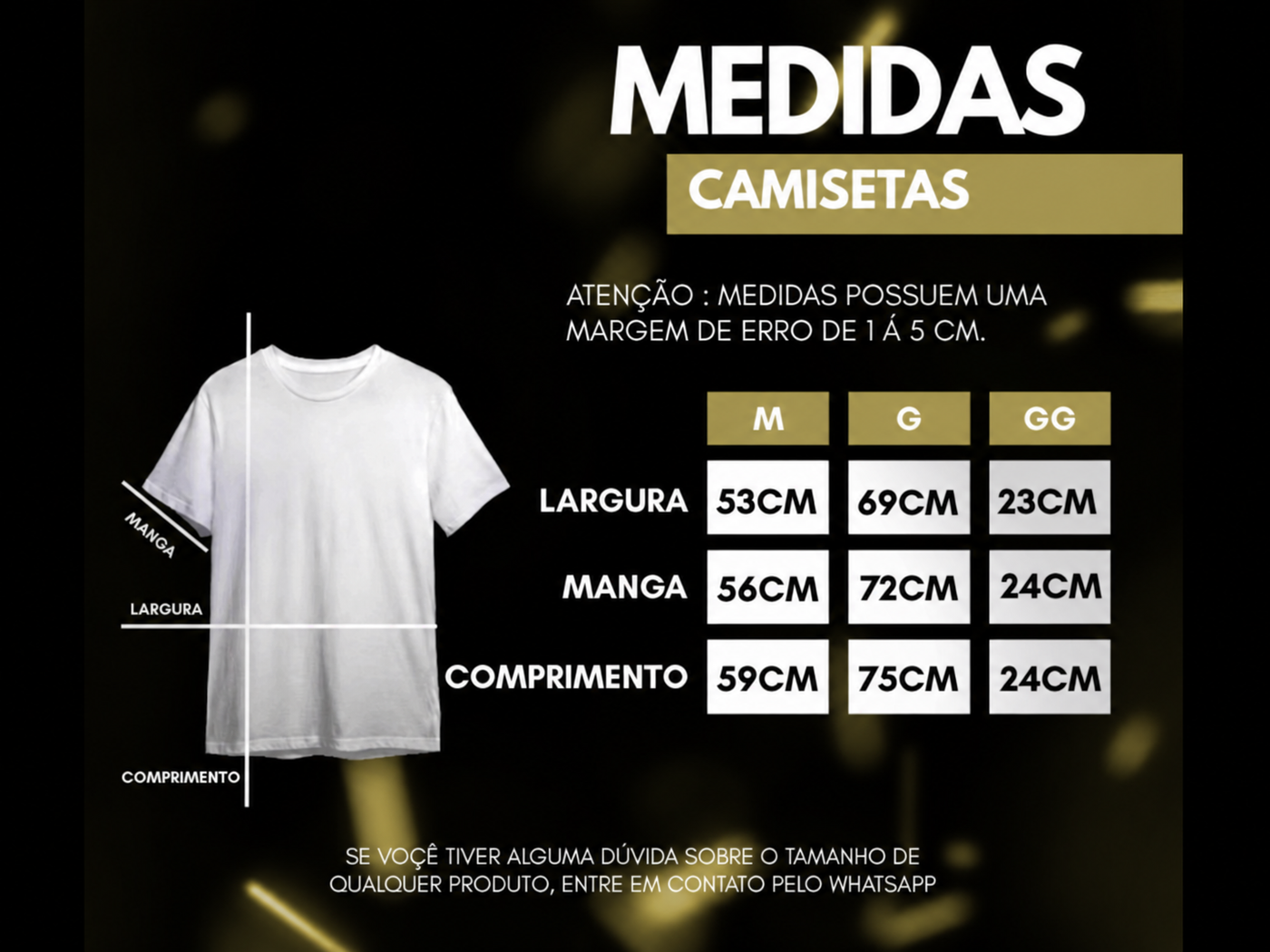 Tabela de medidas das camisetas da RD Multimarcas