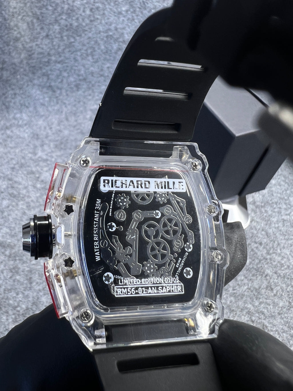 Relógio Richard Mille RM56 Transparente Pulseira Preta